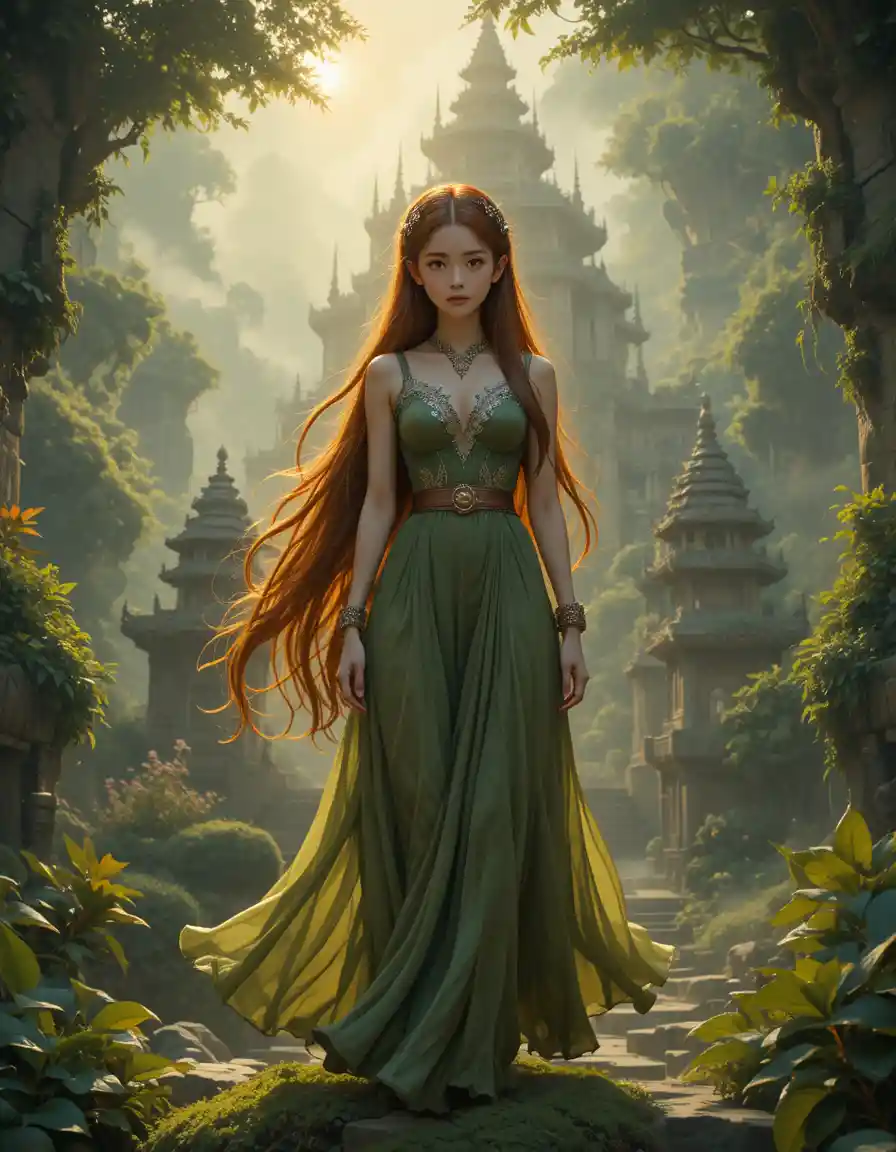 Elf like girl on ancient jungle temple at sunrise