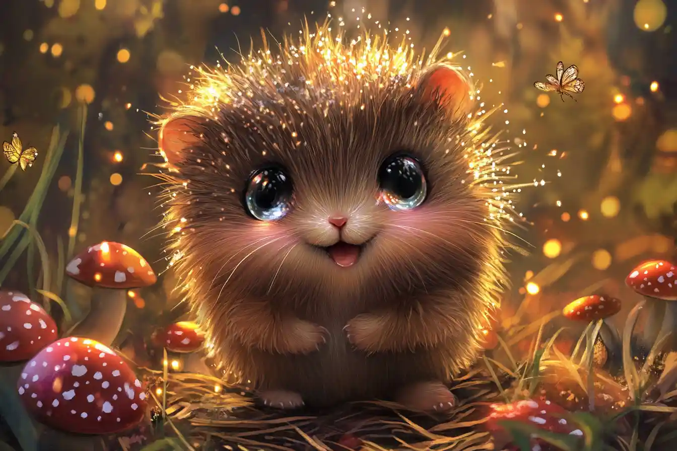 Allegro topolino dei pini chibi in una magica foresta autunnale