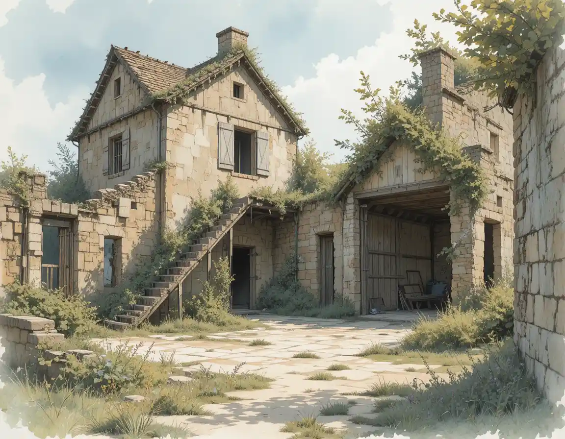 Old farmhouse rooms above ruined barn and cowshed