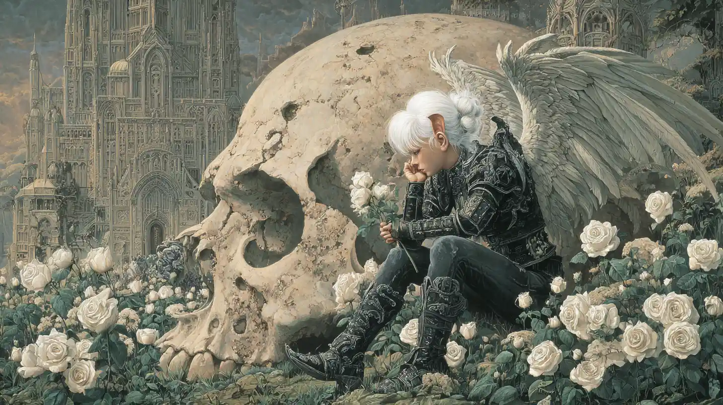Dark angel seated on skull in black rose garden