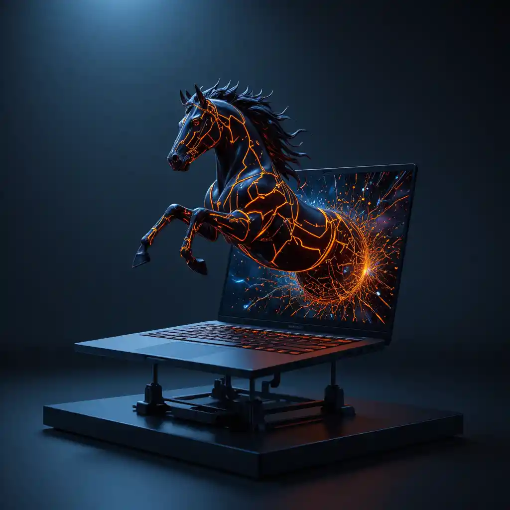 Black cybernetic stallion leaping from futuristic laptop screen