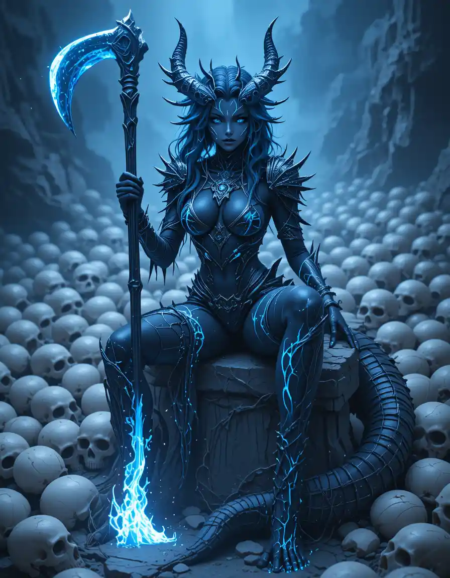 Demonic horned warrior woman on a stone throne