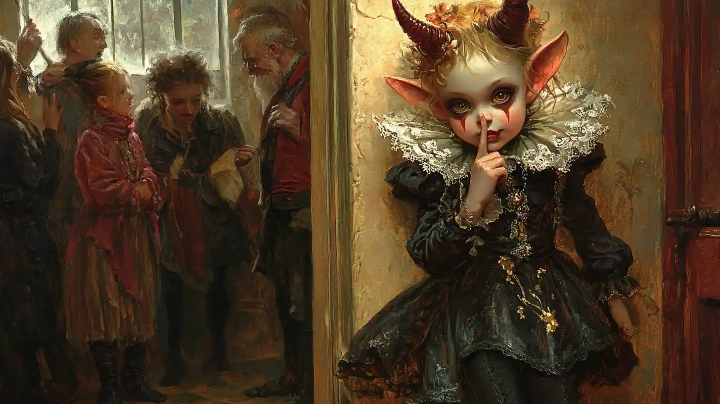 Baroque painting of a tiny imp girl in a house corner