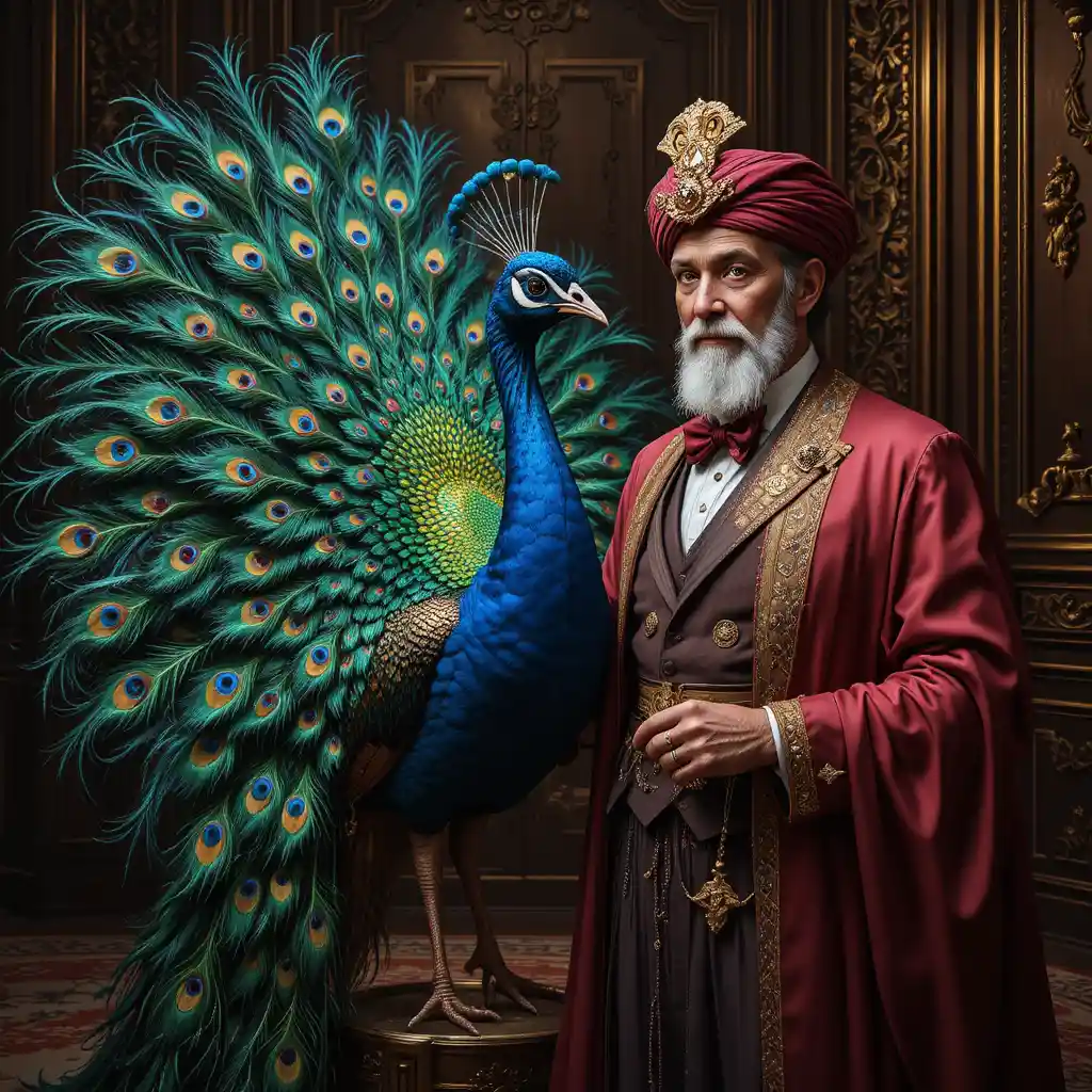 Regal peacock beside elderly man in lavish ballroom
