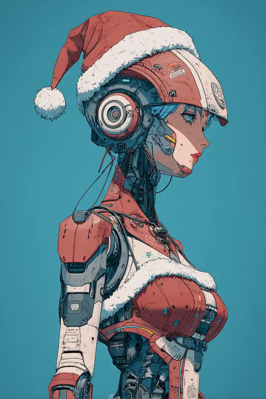 Cybernetic anime woman in festive cyberpunk santa outfit