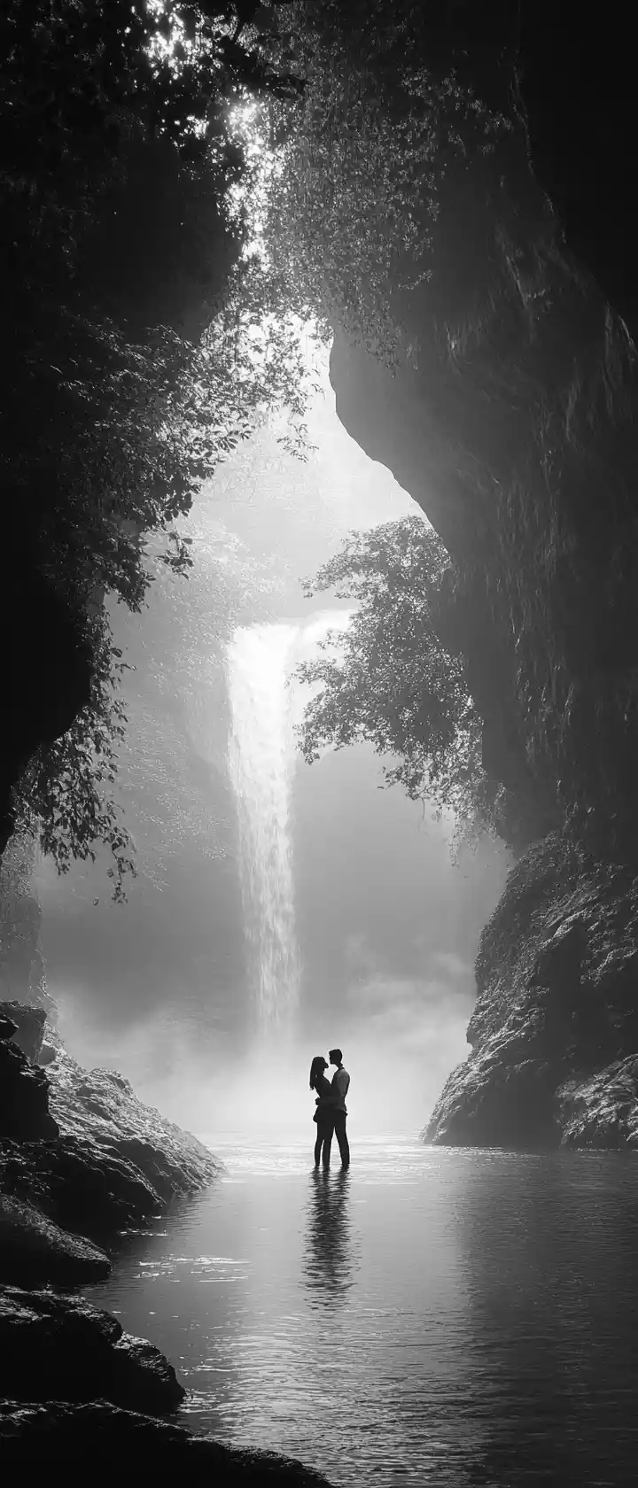 Romantic couple embracing under a misty waterfall at dusk