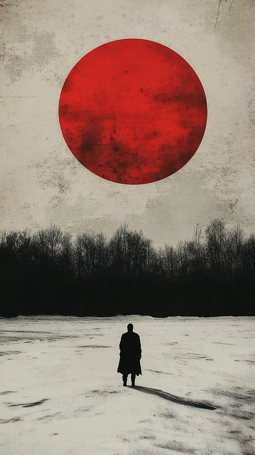 Lone cloaked figure before a colossal crimson sun