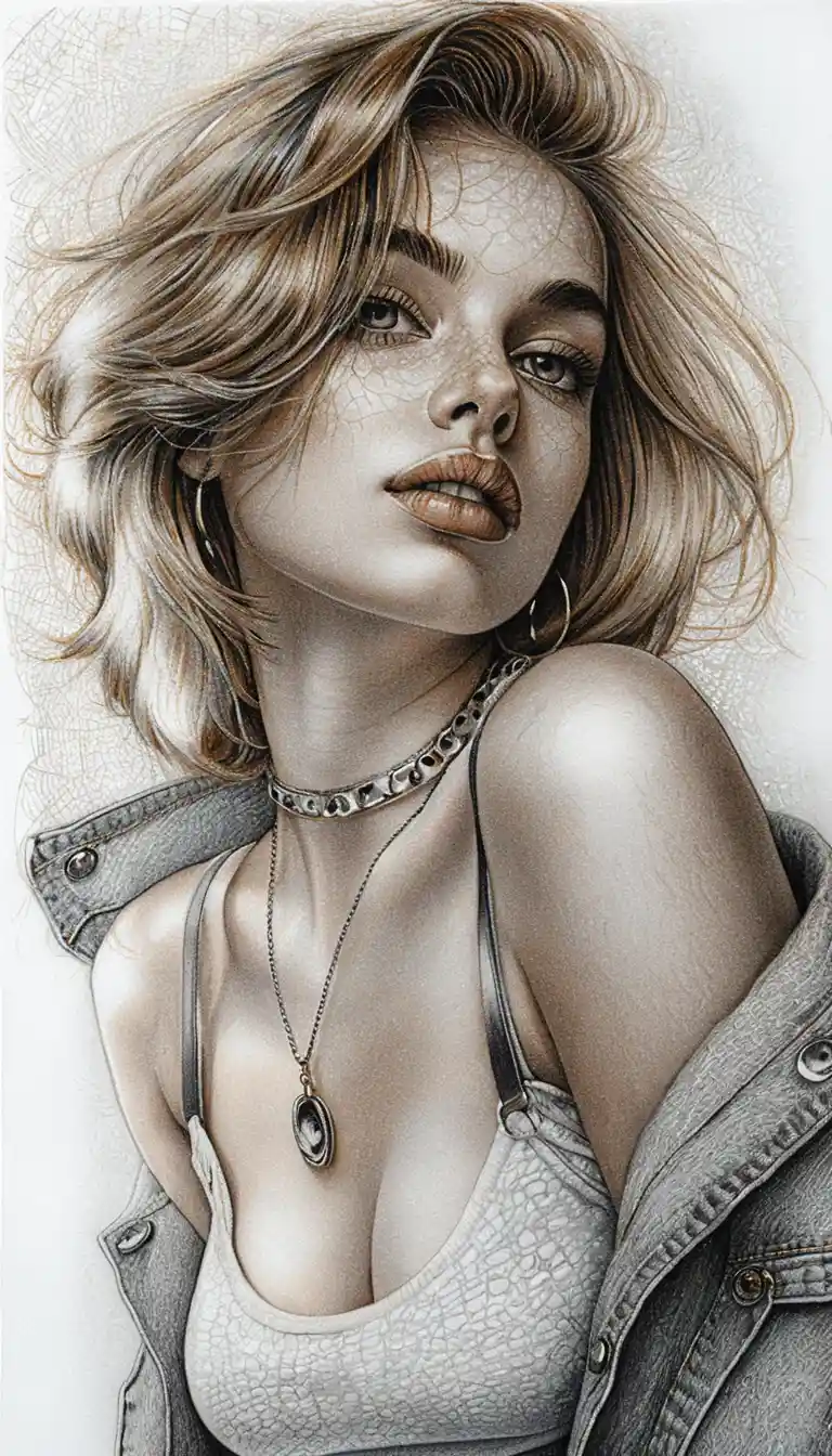 Sensual graphite portrait of a young woman in denim and choker