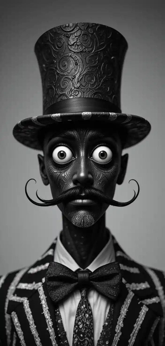 Black man with exaggerated eyes in surreal studio portrait