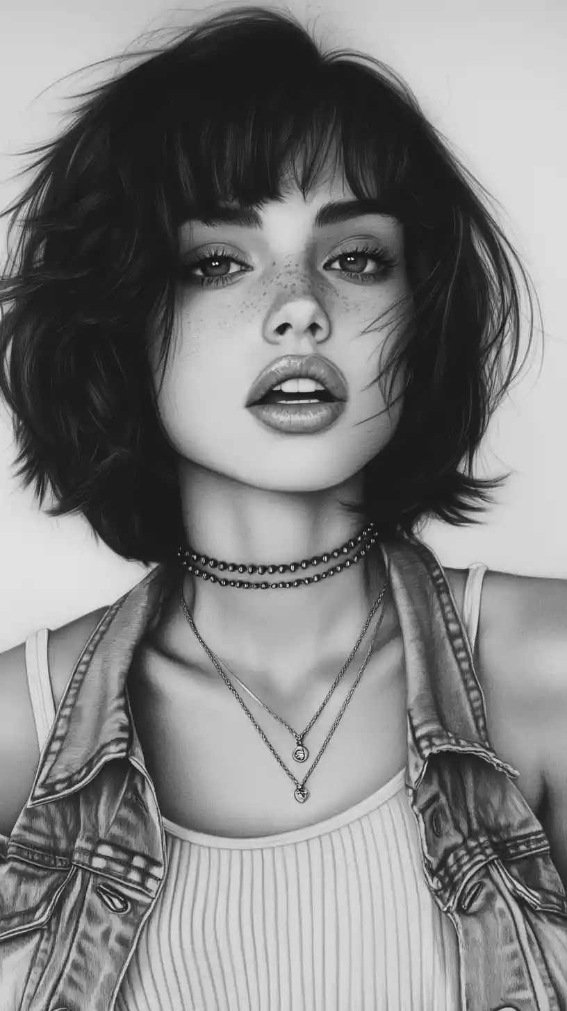 Sensual graphite portrait of a bob cut woman in denim