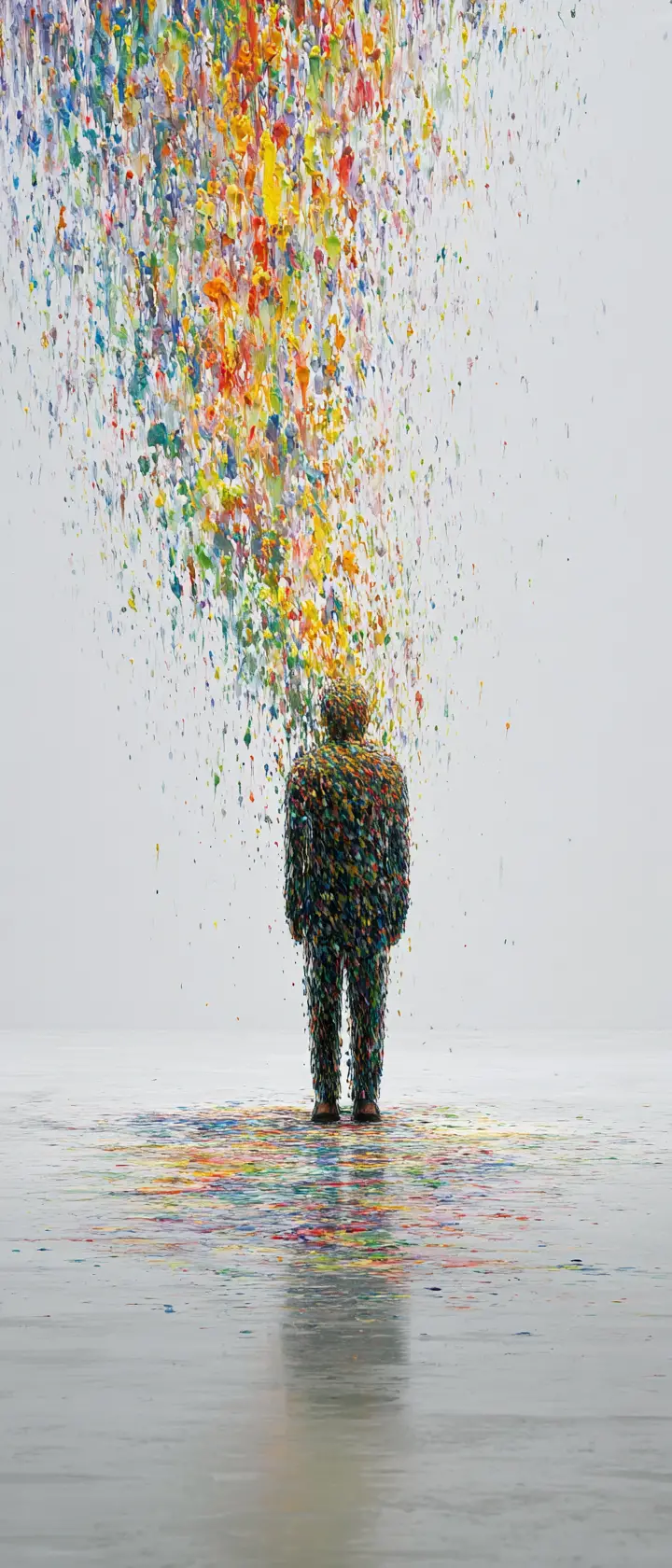 Watercolor figure dissolving into paint daubs in white room