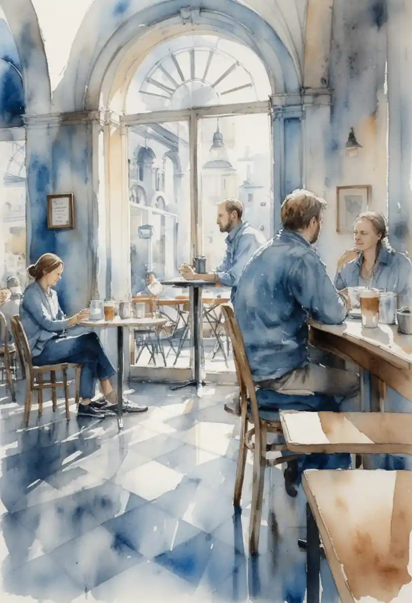 Watercolor cafe interior with people at round tables