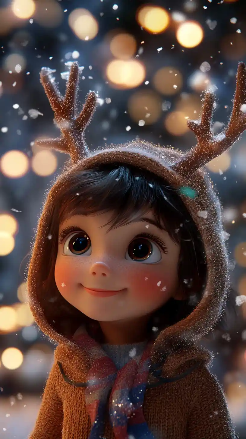 Cute girl in reindeer hood smiling in falling snow
