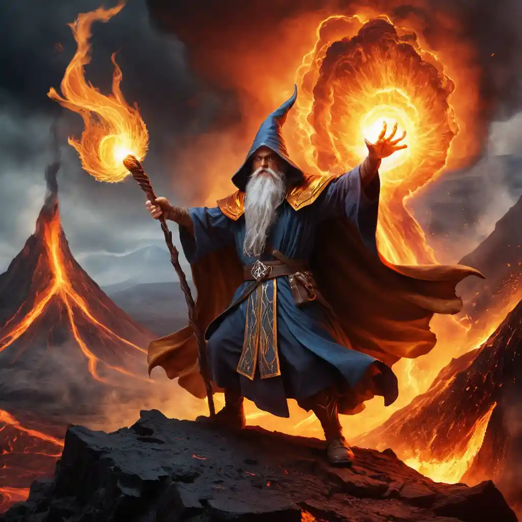 Wizard casting fire spell before erupting volcanic backdrop