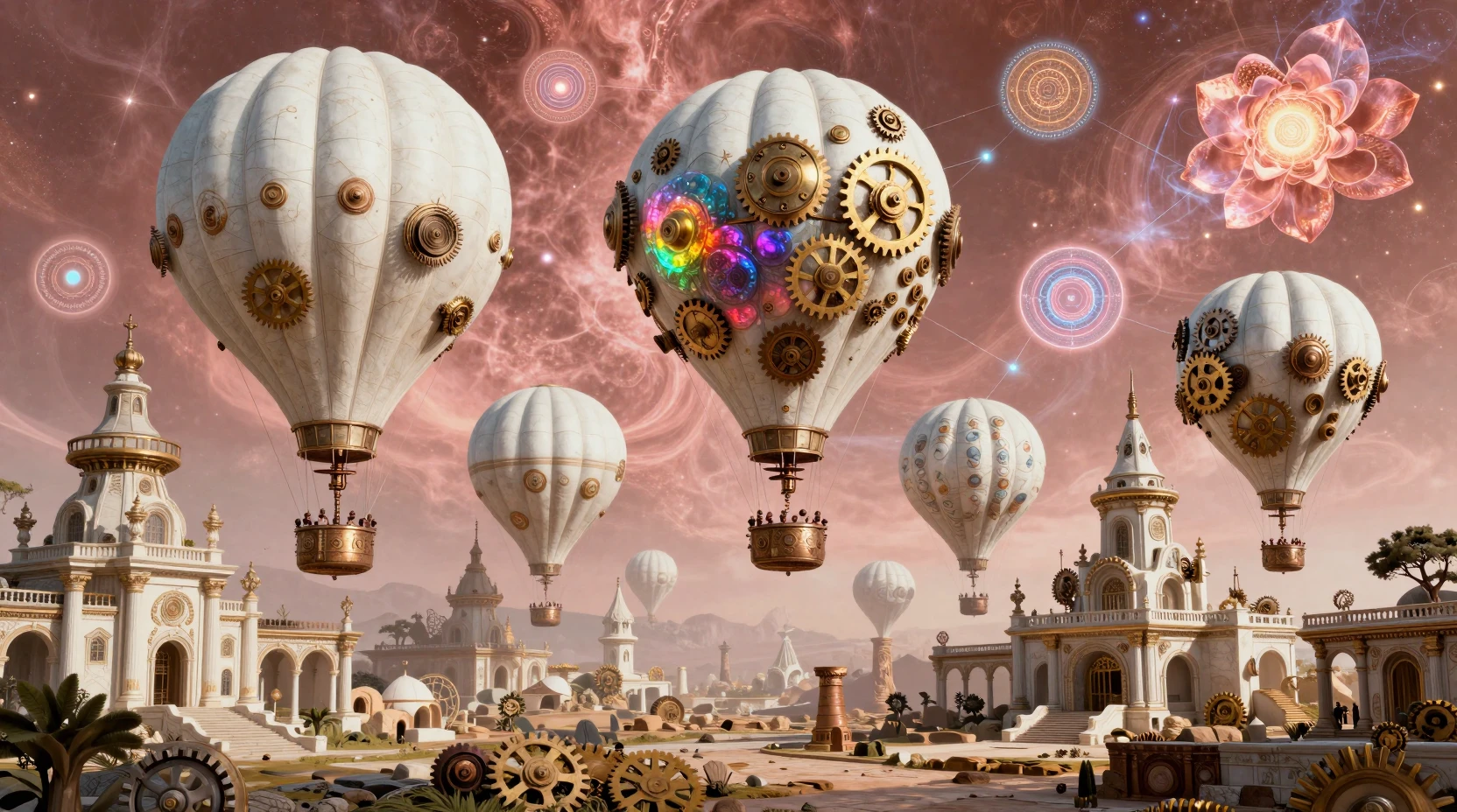 Dirigeables steampunk blancs au-dessus des ruines d’une ancienne cité fantastique