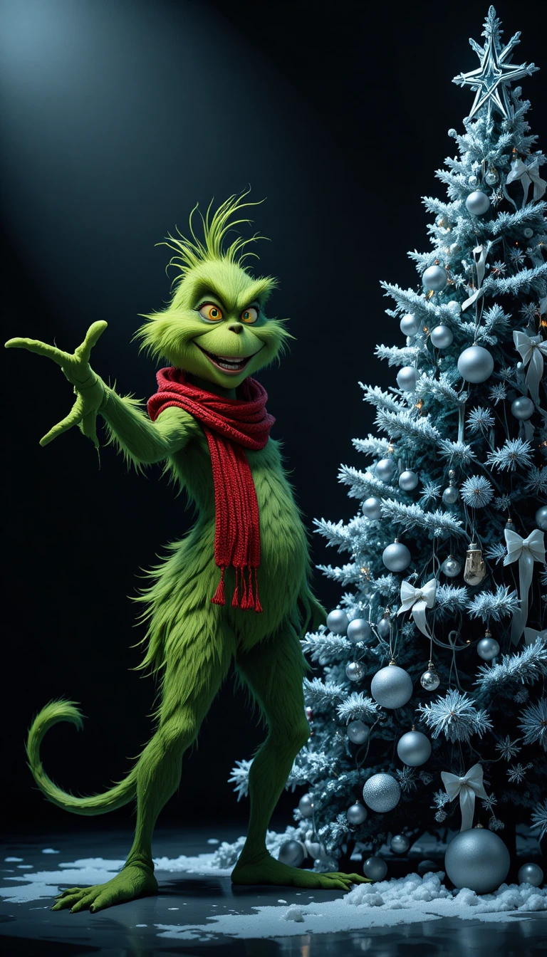 Criatura verde de anime señalando un árbol de Navidad monocromático
