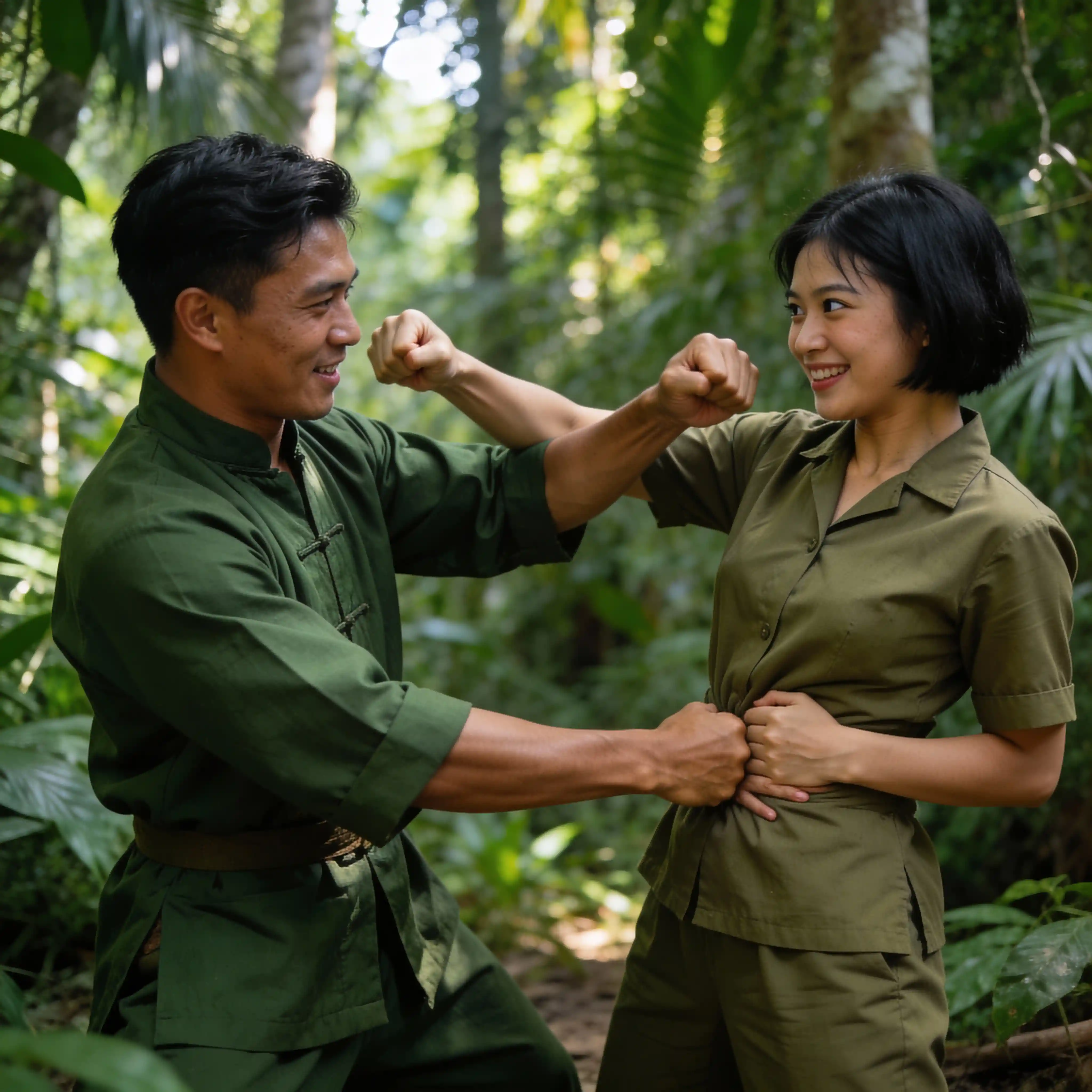 North and South Vietnamese soldiers sparring in jungle