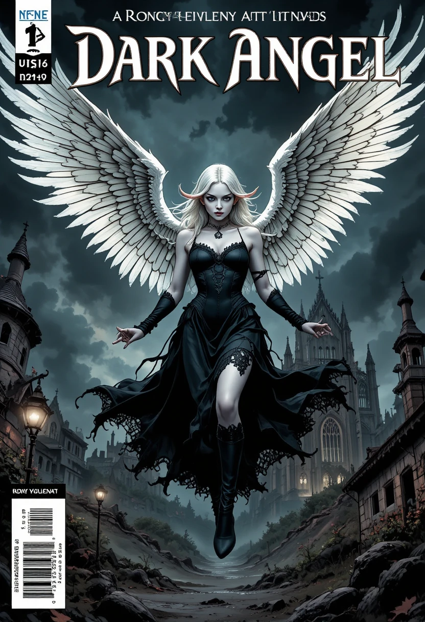 Dark angel flying above a gothic ruined cathedral