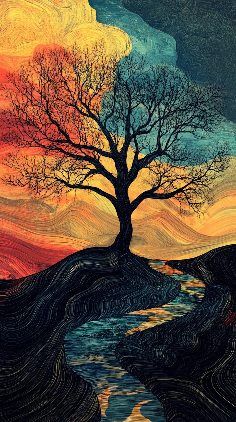 Abstract line art tree with winding path and figure