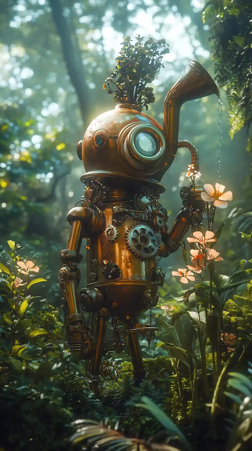 Steampunk Teapot Robot Watering Flowers In Enchanted Forest