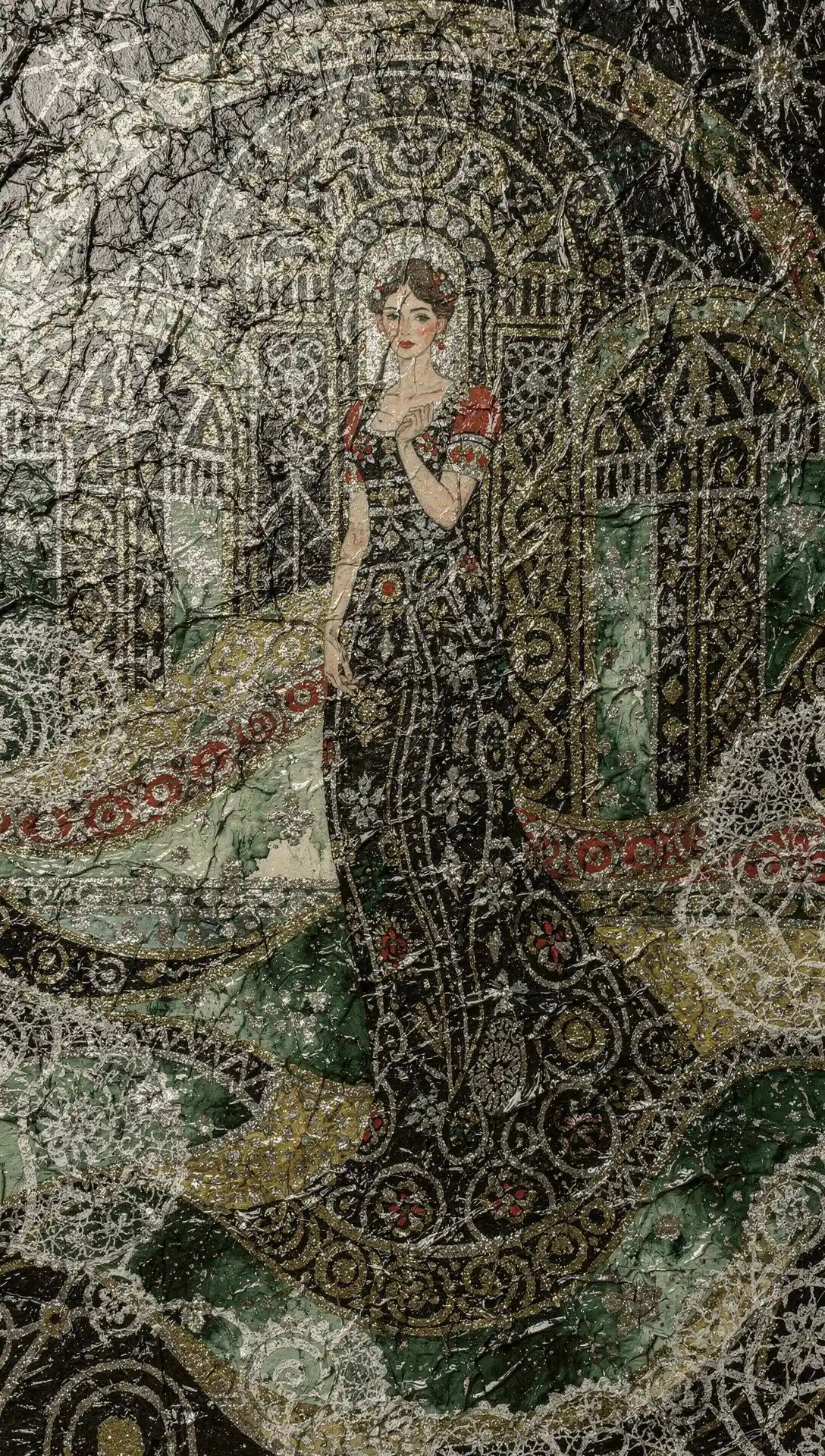 Ethereal woman portrait in metallic mixed media dreamscape