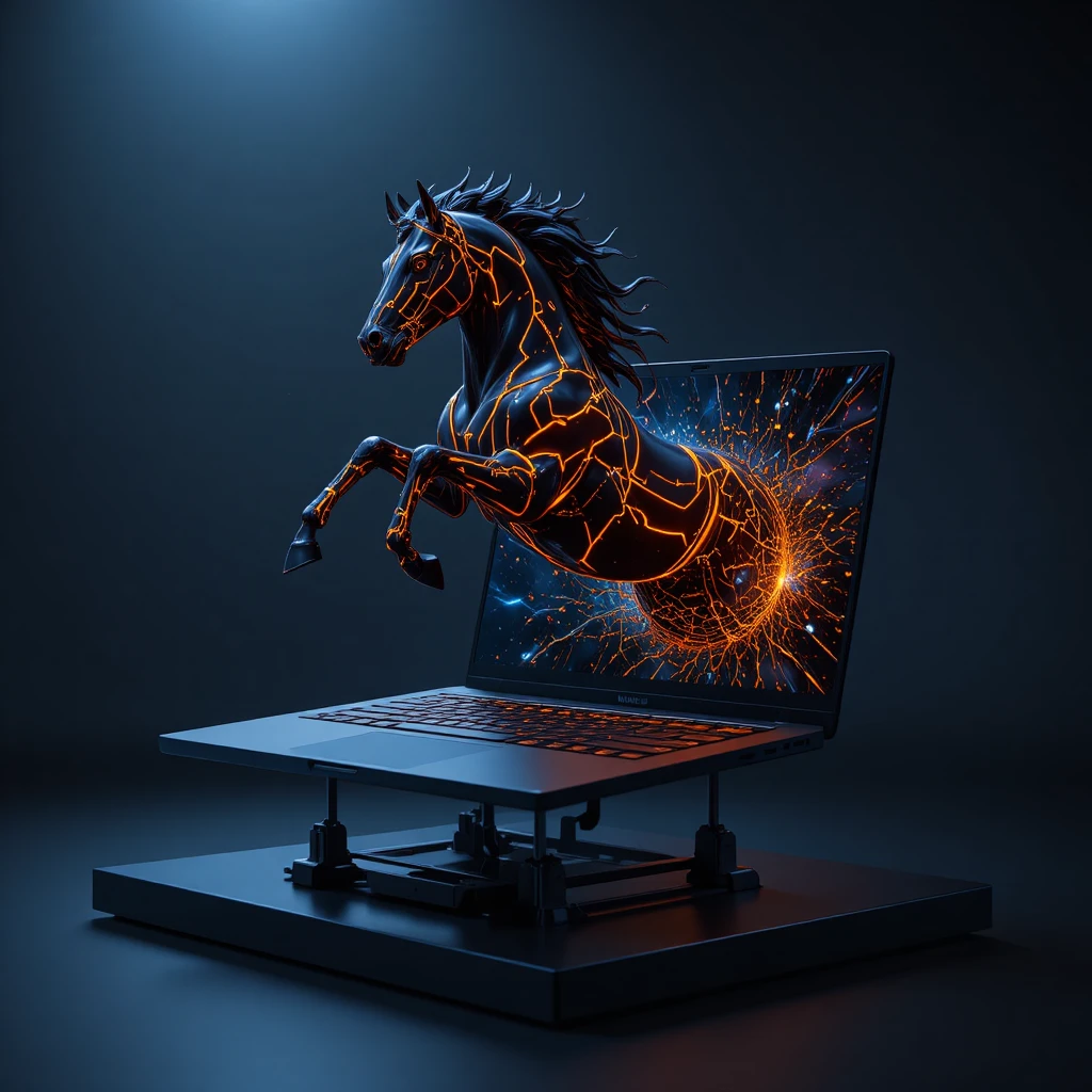 Black cybernetic stallion leaping from futuristic laptop screen