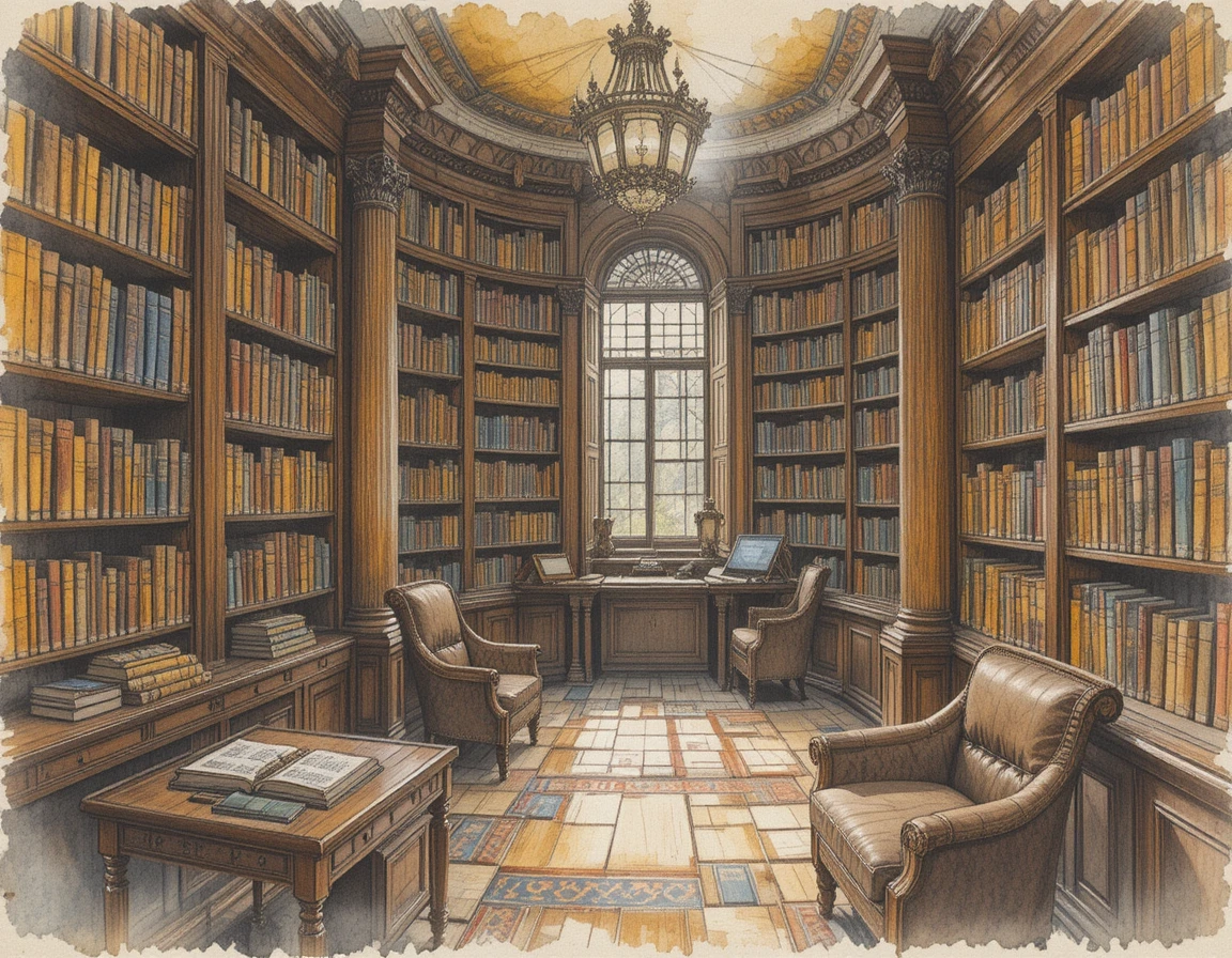 Vintage library shelves filled with leather bound books