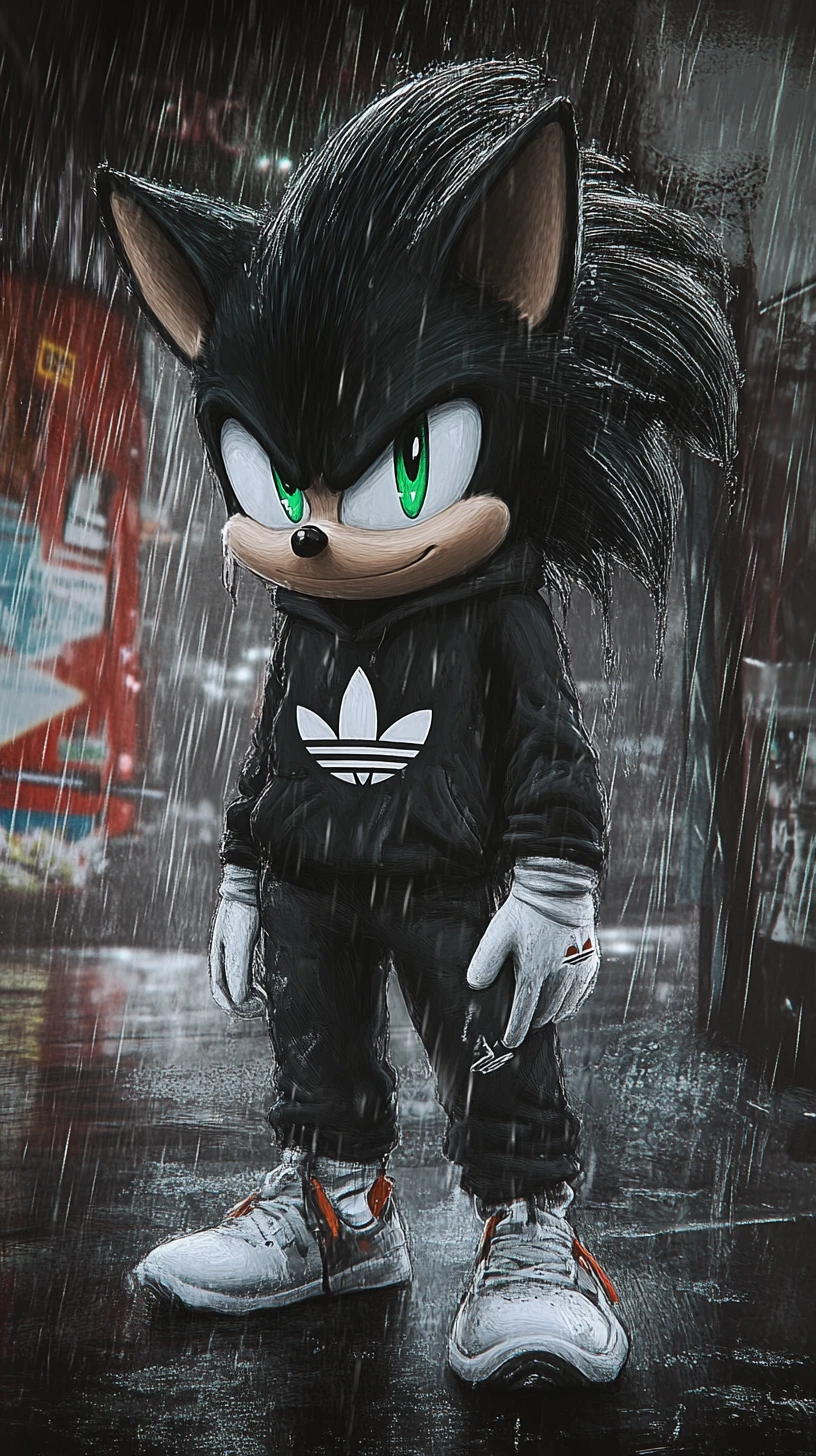 Urban hedgehog hero in rain soaked city portrait