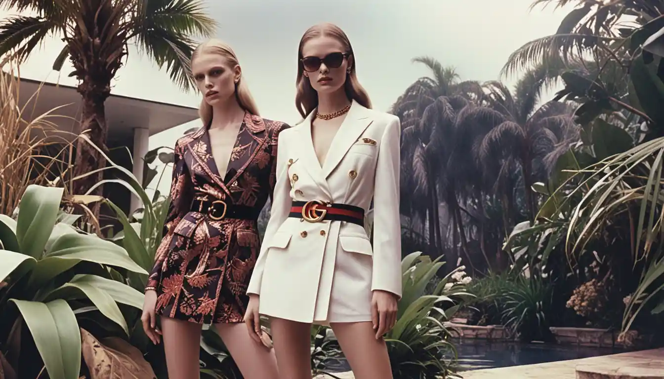 Gucci models posing in a steamy tropical outdoor fashion scene