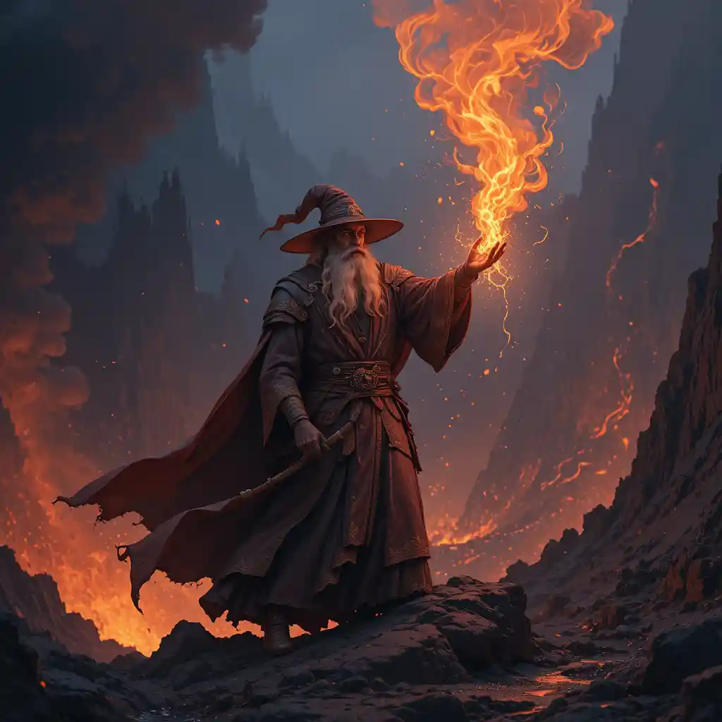在爆發火山前施放火焰咒語的魔法師