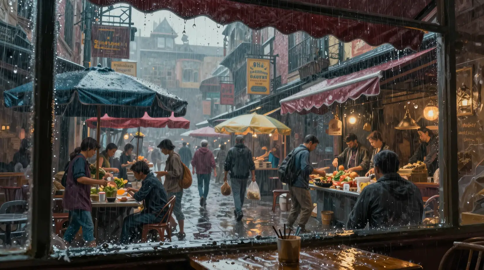 Marché de ville fantastique détrempé par la pluie vu depuis la fenêtre d’un café