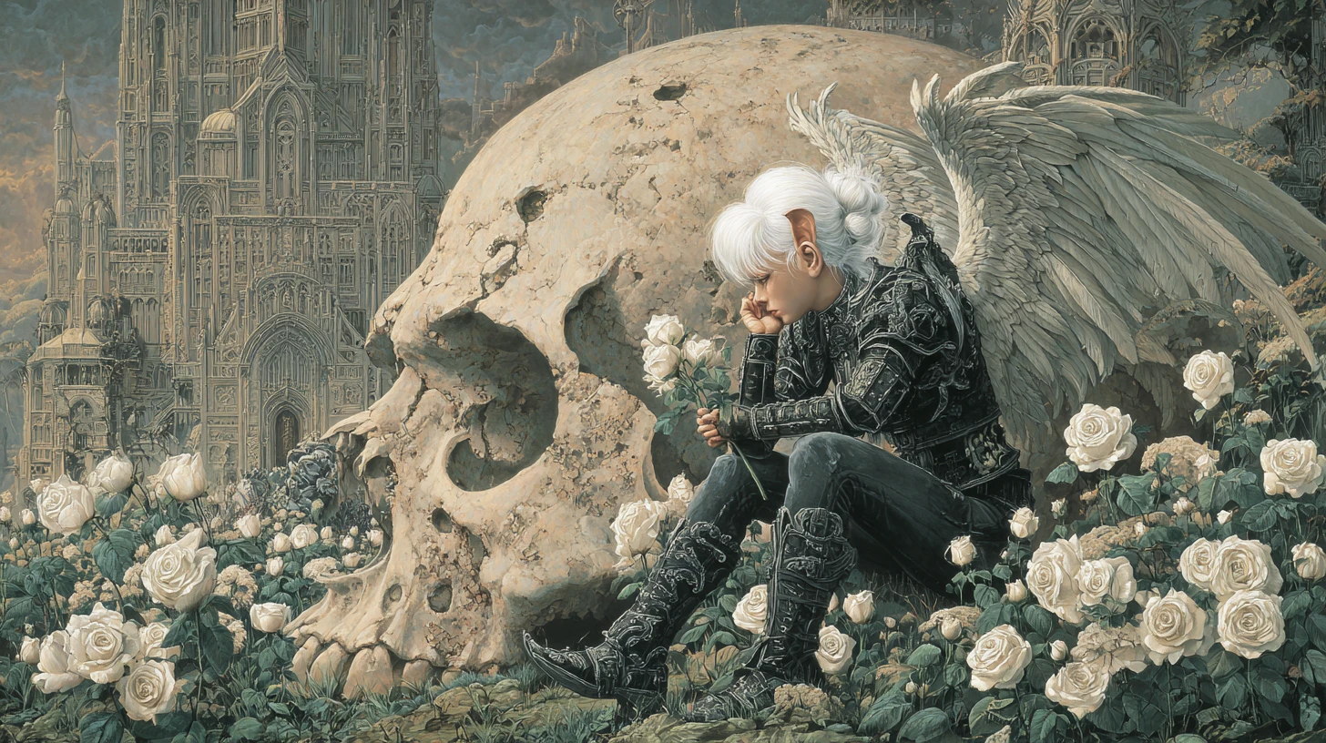 Dark angel seated on skull in black rose garden