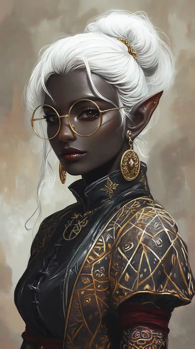Dark elf woman portrait with gold details and tattoos