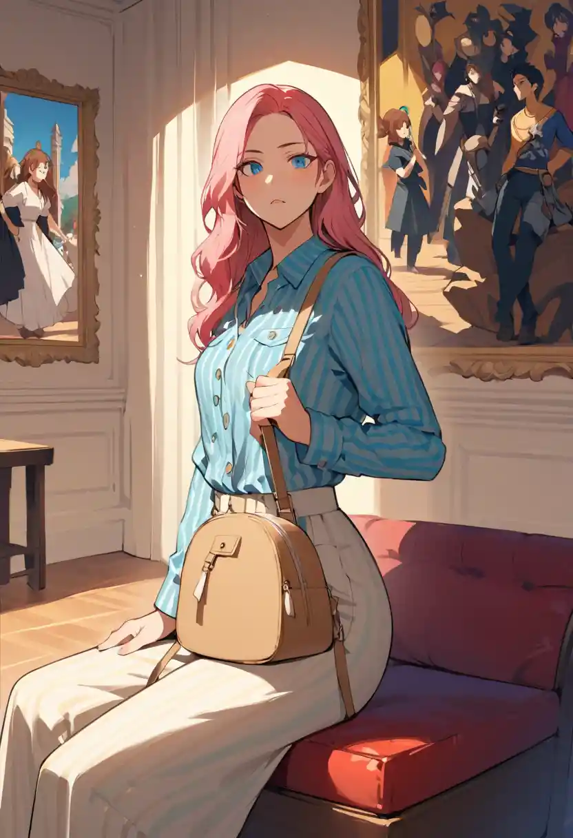 Giovane donna con zaino rosa che posa al museo