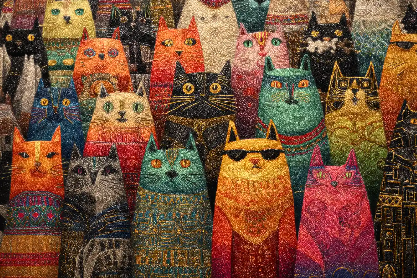 Whimsical feline city with vibrant tapestry lined streets