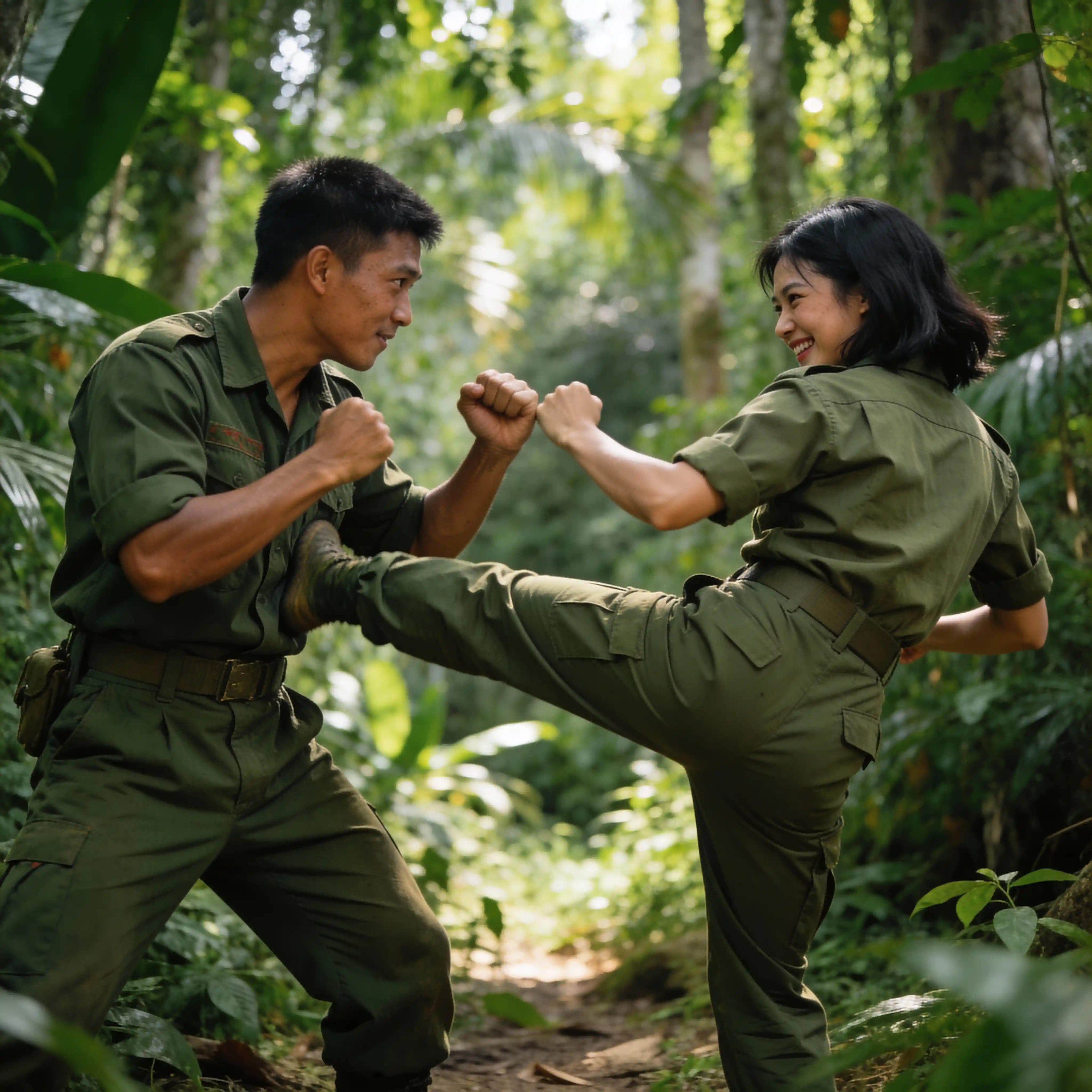 ジャングルで戯れるベトナム戦争の兵士たちのスパーリング