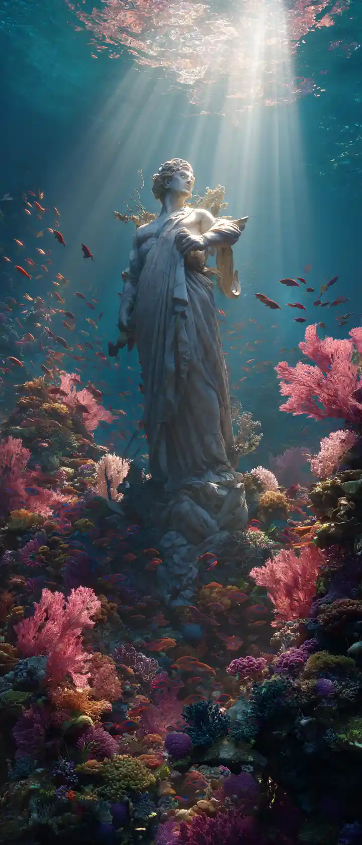 Mythic marble statue rising in a glowing underwater reef