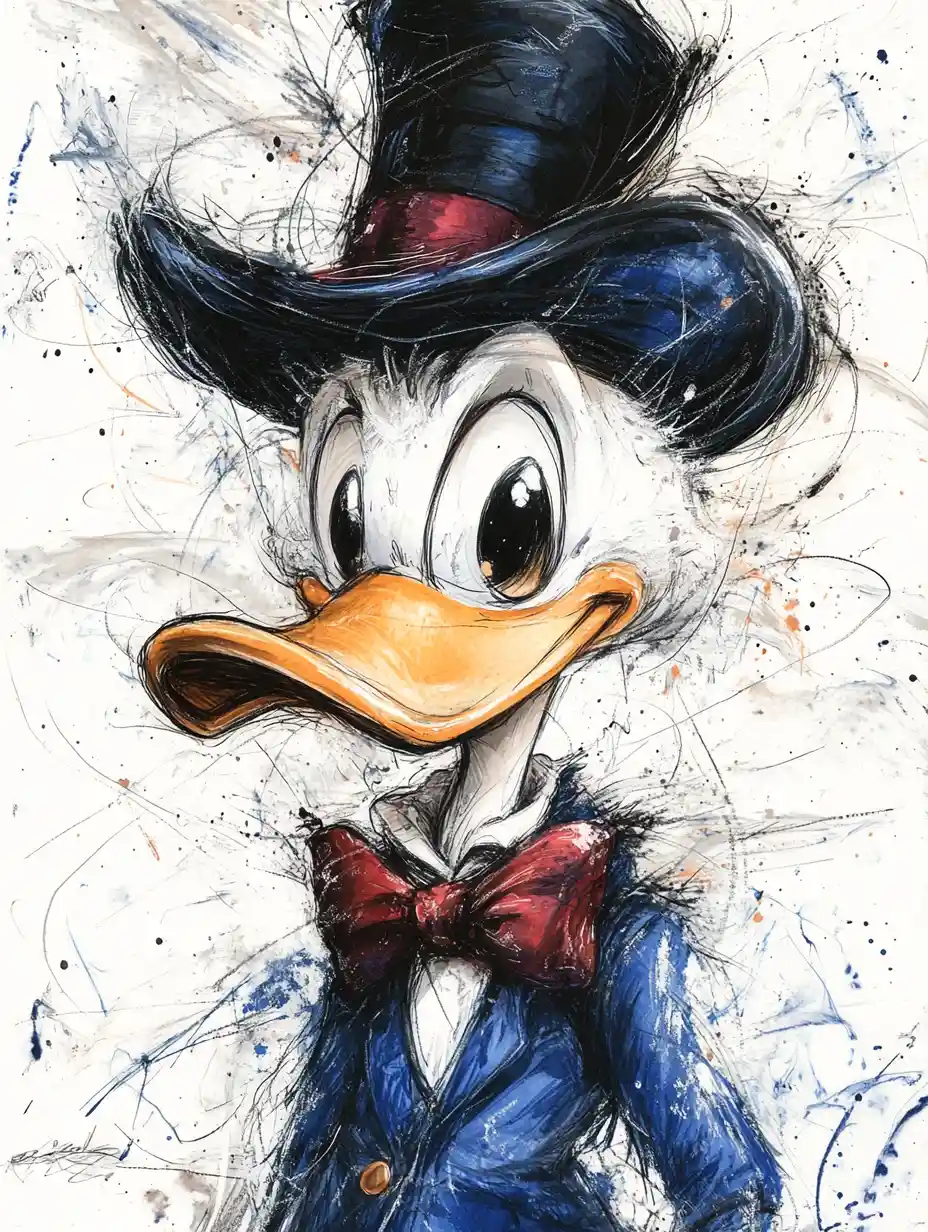 Melancholic anthropomorphic duck in ink and watercolor portrait