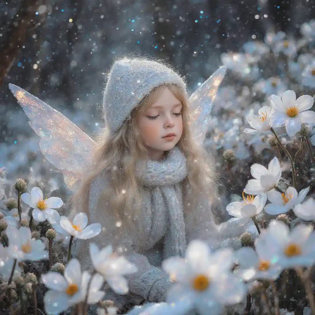 Winter flower fairy sitting among deep white blossoms