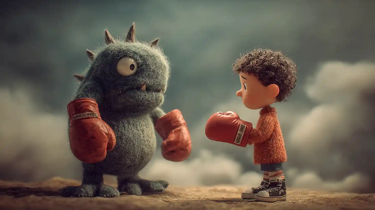 Aggressive Monster Facing A Young Boy With Boxing Gloves