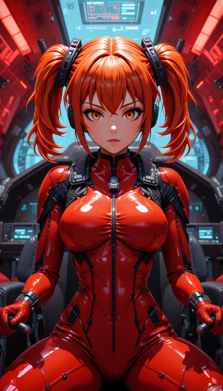 Anime pilot girl in red cockpit under dramatic red light