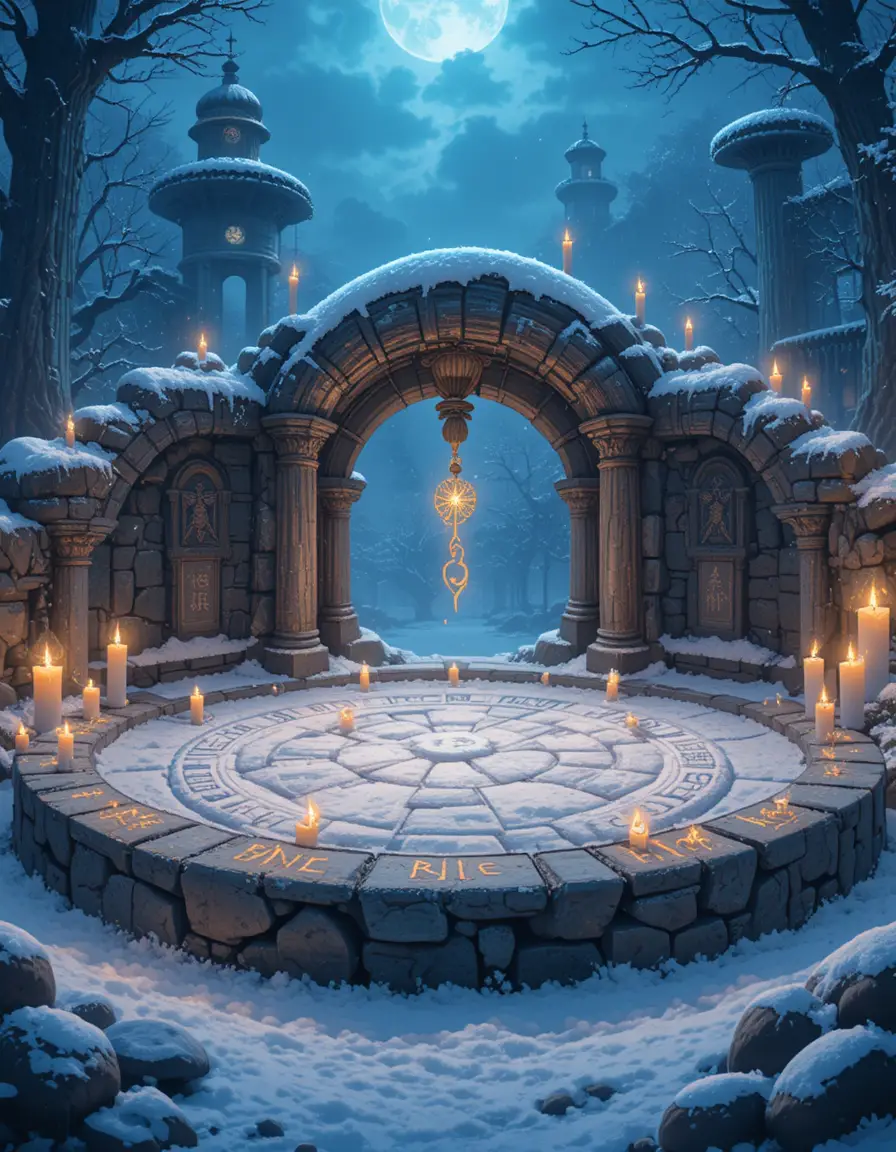 Ancient stone circle glowing with runes on a snowy night