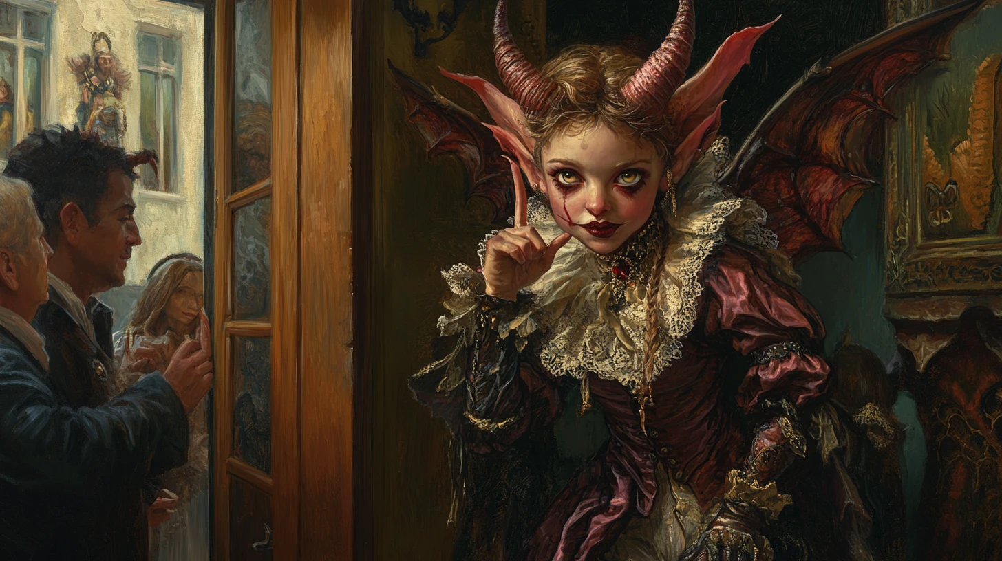 Baroque painting of a tiny impish girl in a house corner