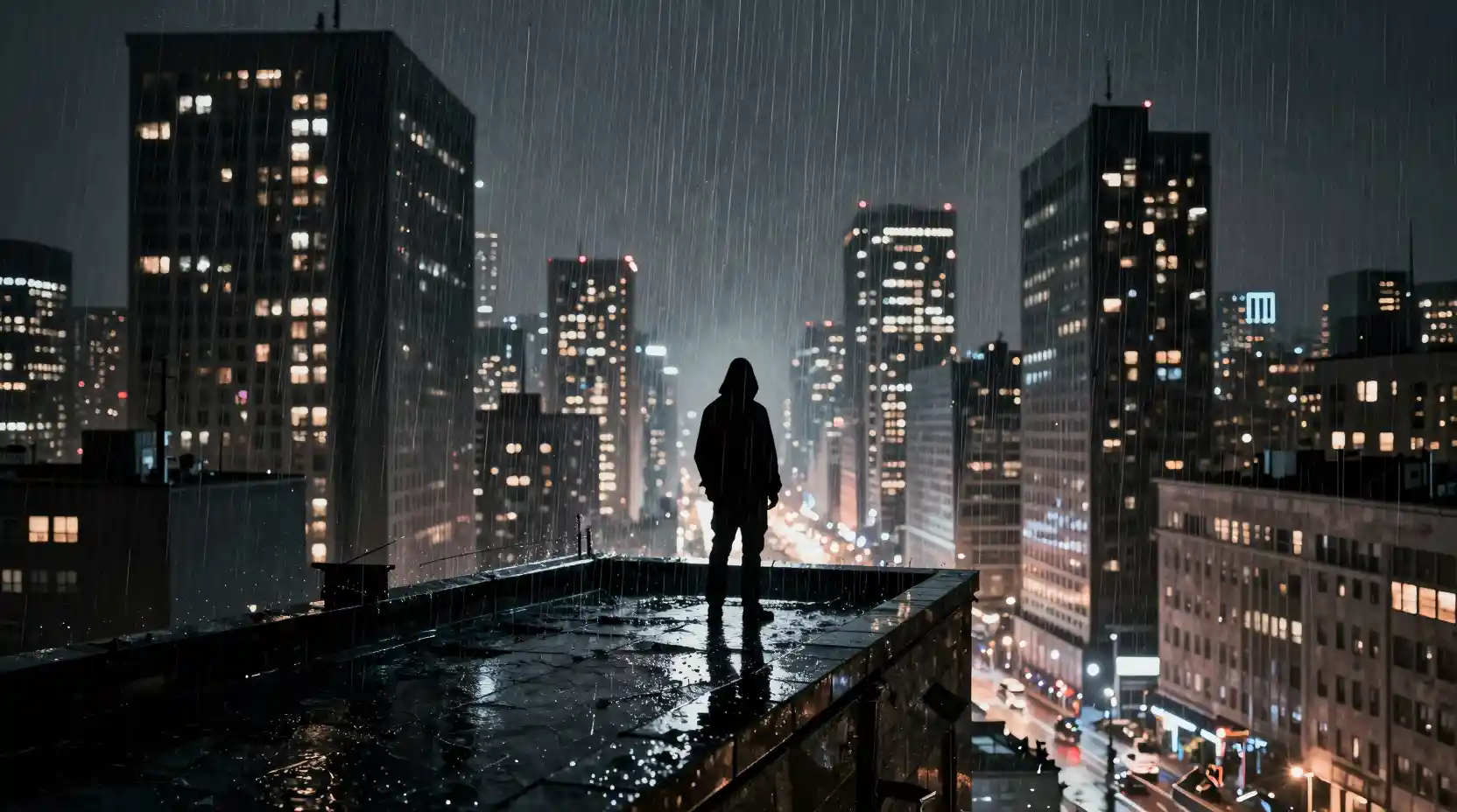 Figura incappucciata su un tetto sopra città al neon sotto la pioggia