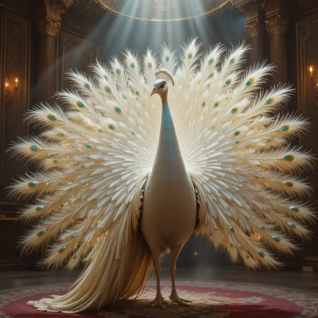White peacock and elderly gentleman in opulent baroque ballroom