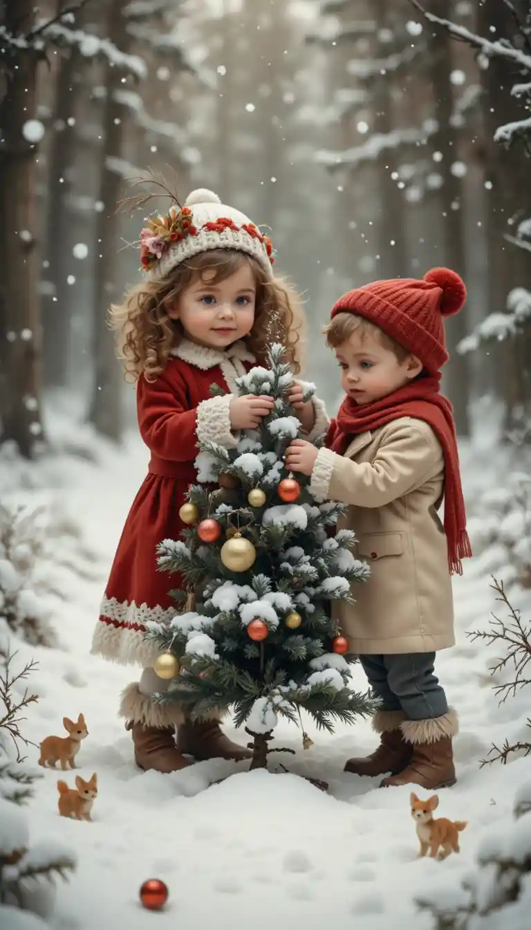 Kinder schmücken einen verschneiten Weihnachtsbaum im Winterwald