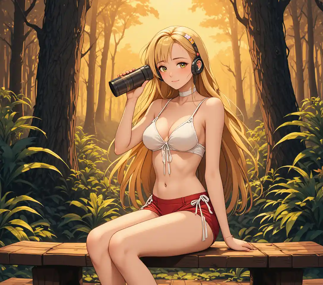 Jeune fille anime blonde timide en bikini sur un banc en bois