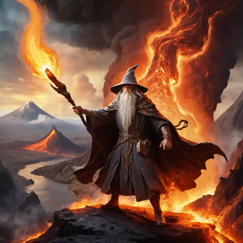 Wizard Casting Fiery Spell Before Erupting Volcanic Inferno