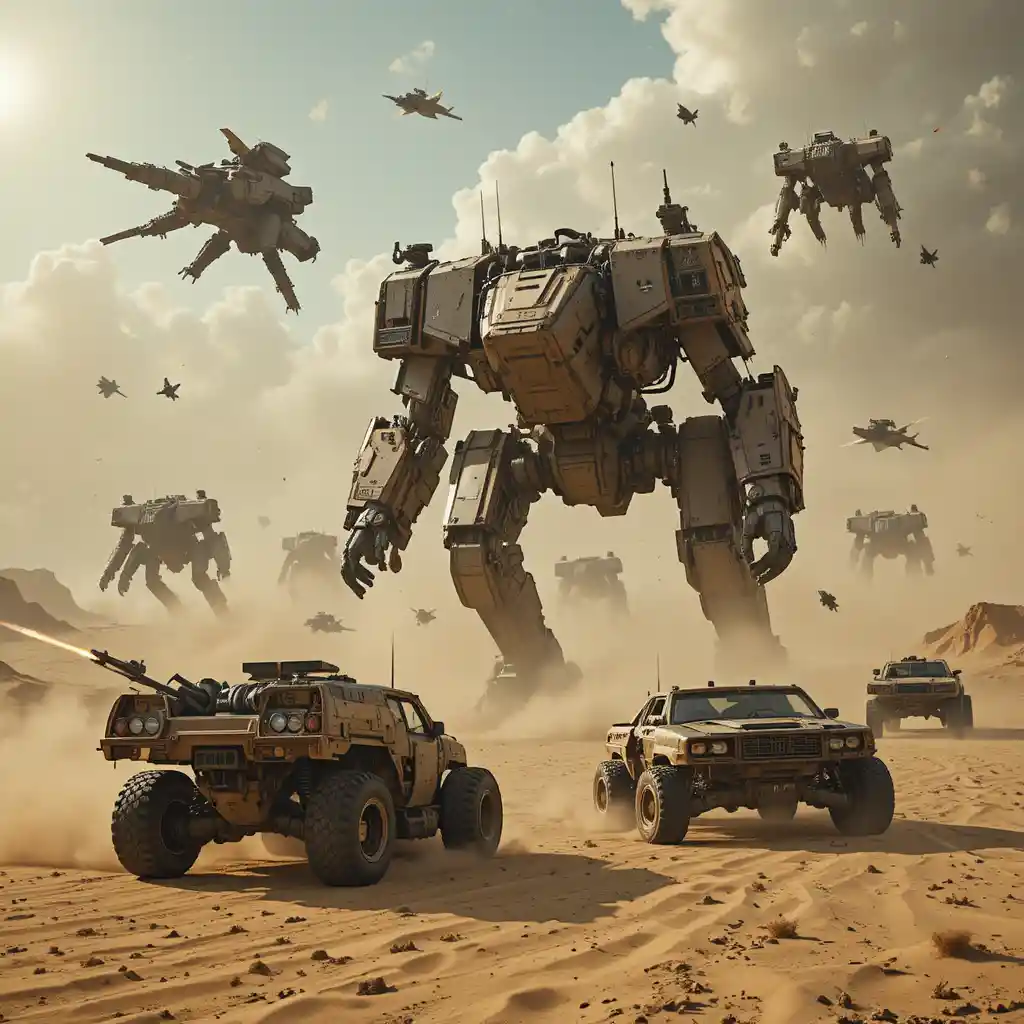 Armored mechs erupt from racing cars on a desert battlefield