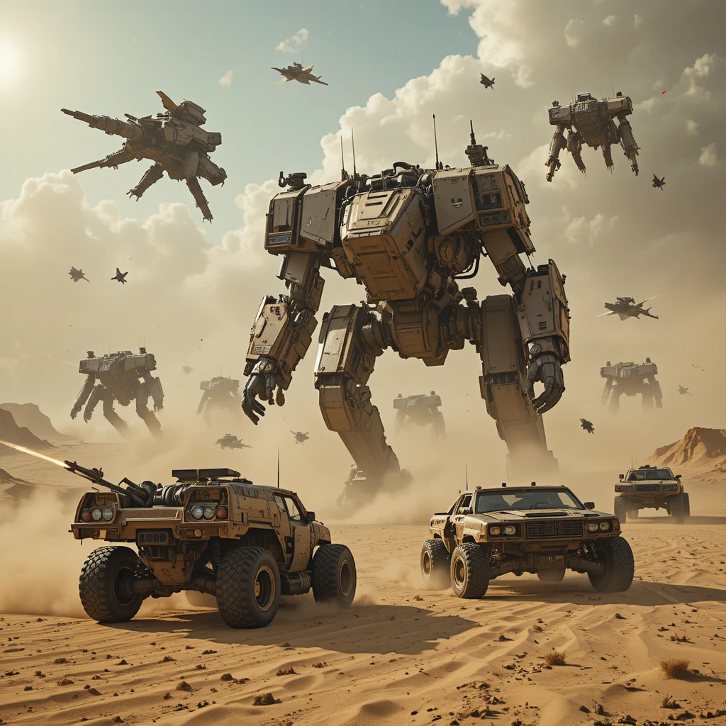 Armored mechs erupt from racing cars on a desert battlefield